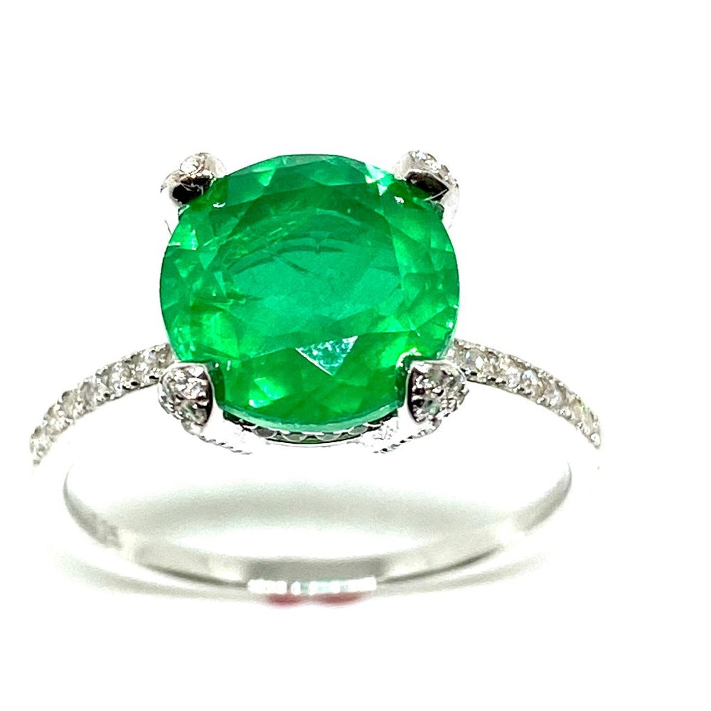 WHITE GOLD OVER SILVER PAVE SOLITAIRE EMERALD RING